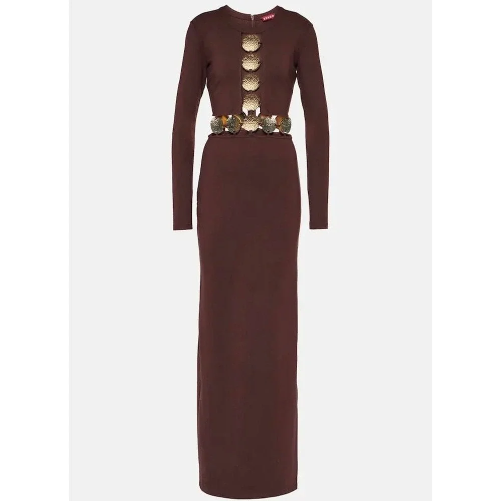 STAUD Delphine Mahogany Brown Cutout Medallion Long Sleeve Maxi Dress Size 2